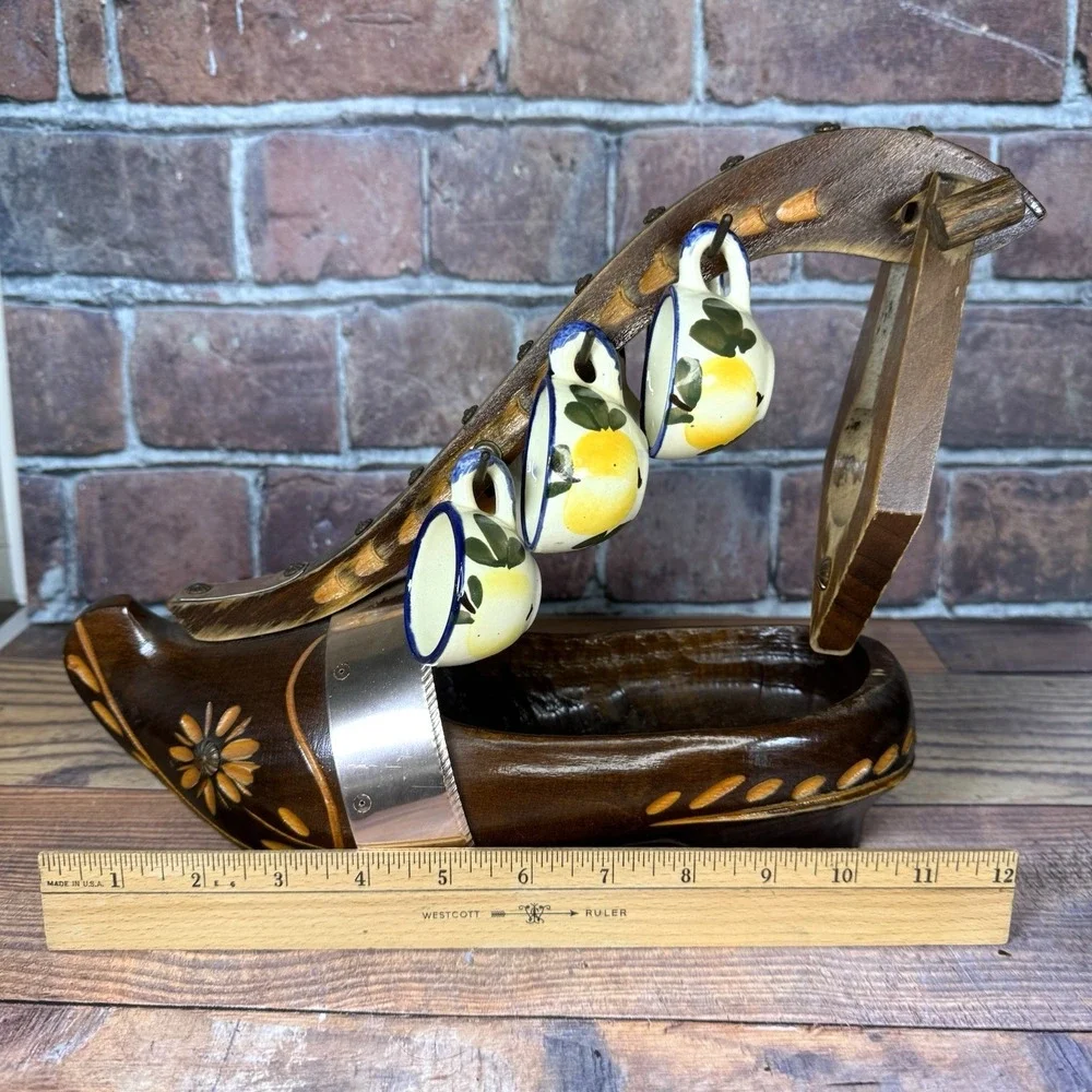 Vintage Dutch Clog Wine Bottle Holder Hand Carved Wooden Shoe W 6 Quimper‎ Cups